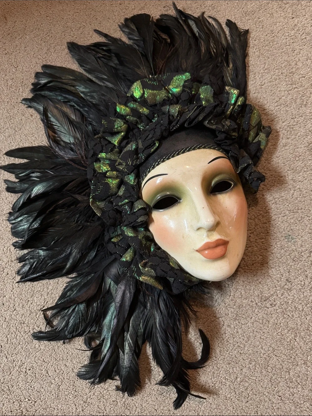 Beautiful Feathered Clay Art Mask Made in USA